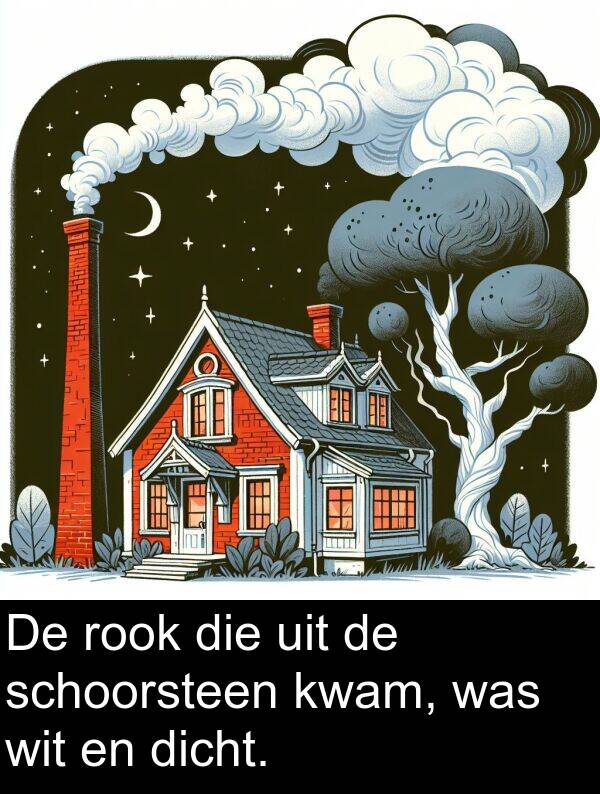 dicht: De rook die uit de schoorsteen kwam, was wit en dicht.