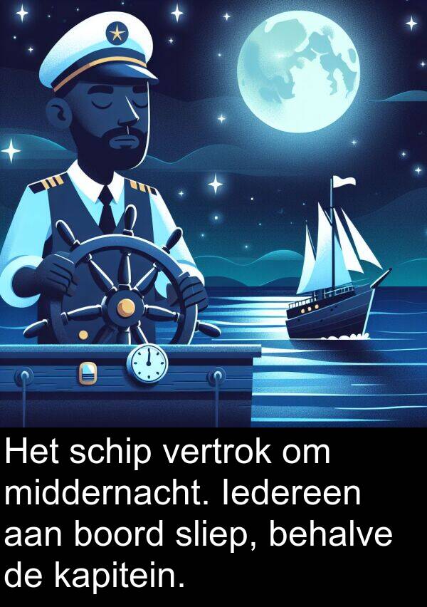 kapitein: Het schip vertrok om middernacht. Iedereen aan boord sliep, behalve de kapitein.