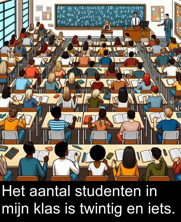 klas: Het aantal studenten in mijn klas is twintig en iets.