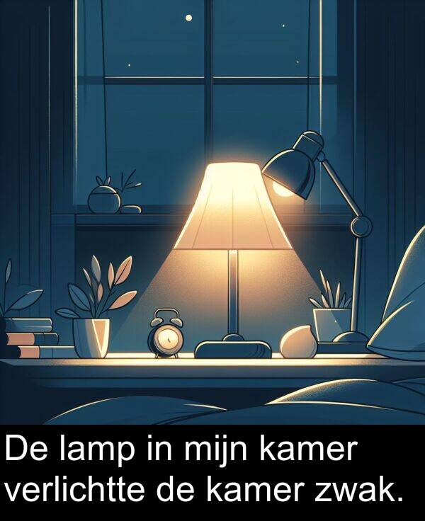 verlichtte: De lamp in mijn kamer verlichtte de kamer zwak.