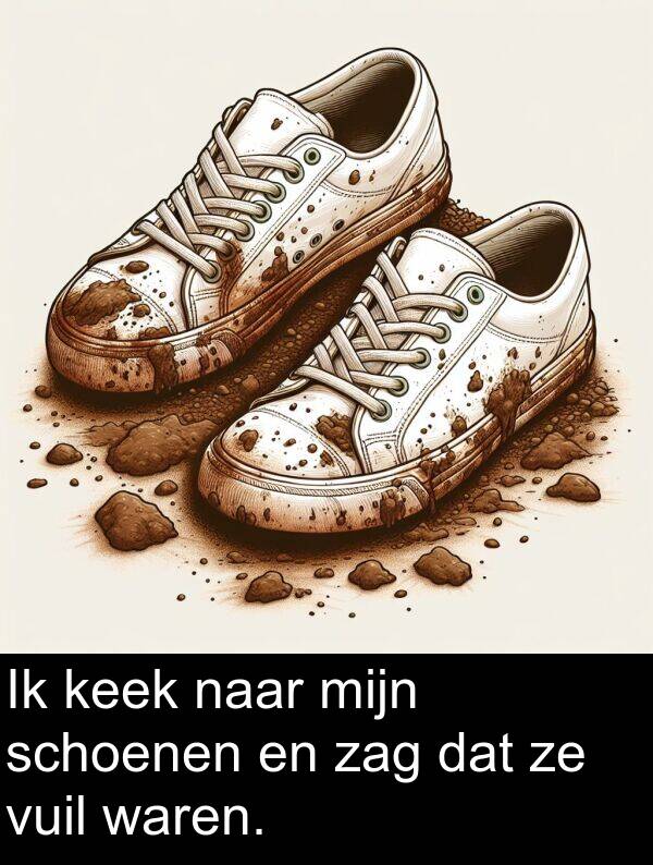 dat: Ik keek naar mijn schoenen en zag dat ze vuil waren.