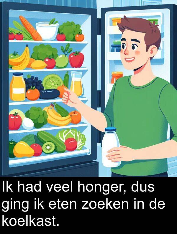 zoeken: Ik had veel honger, dus ging ik eten zoeken in de koelkast.