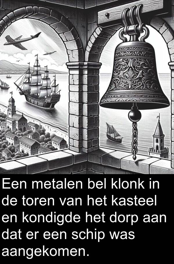 aangekomen: Een metalen bel klonk in de toren van het kasteel en kondigde het dorp aan dat er een schip was aangekomen.