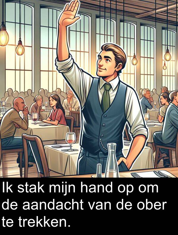 hand: Ik stak mijn hand op om de aandacht van de ober te trekken.