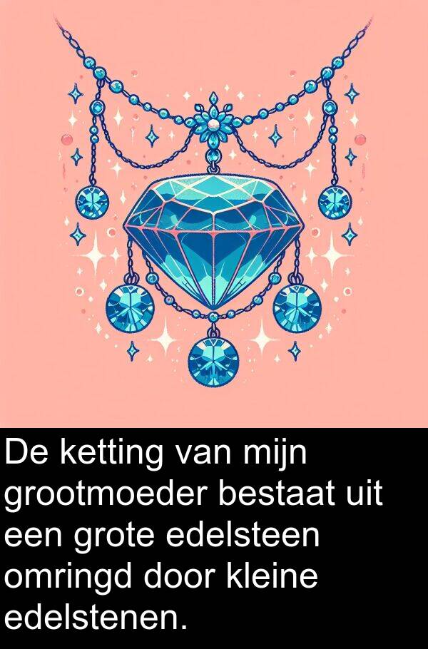 ketting: De ketting van mijn grootmoeder bestaat uit een grote edelsteen omringd door kleine edelstenen.