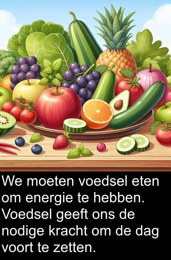 zetten: We moeten voedsel eten om energie te hebben. Voedsel geeft ons de nodige kracht om de dag voort te zetten.