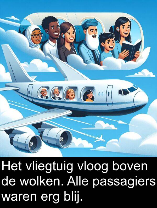 passagiers: Het vliegtuig vloog boven de wolken. Alle passagiers waren erg blij.