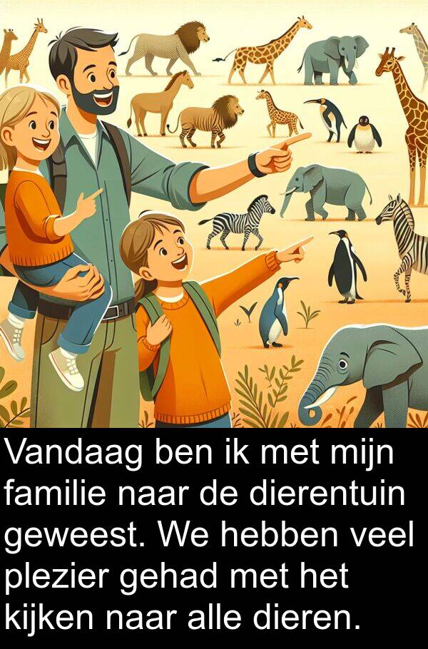 dieren: Vandaag ben ik met mijn familie naar de dierentuin geweest. We hebben veel plezier gehad met het kijken naar alle dieren.