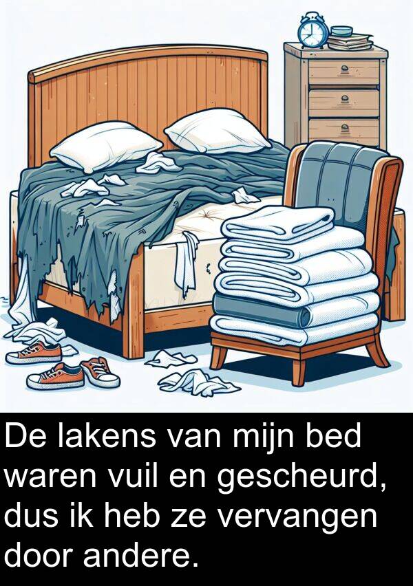 waren: De lakens van mijn bed waren vuil en gescheurd, dus ik heb ze vervangen door andere.