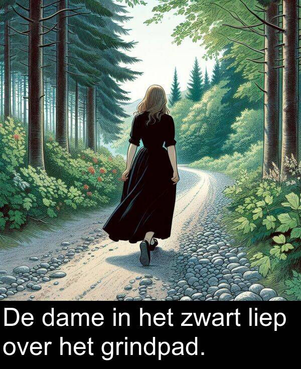 dame: De dame in het zwart liep over het grindpad.