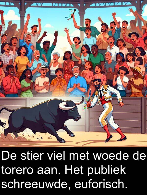 schreeuwde: De stier viel met woede de torero aan. Het publiek schreeuwde, euforisch.