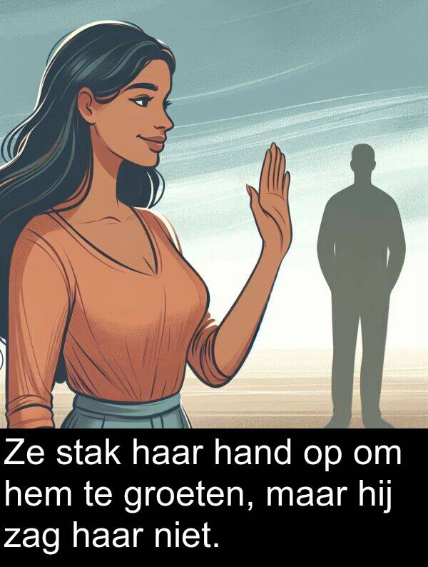 hand: Ze stak haar hand op om hem te groeten, maar hij zag haar niet.