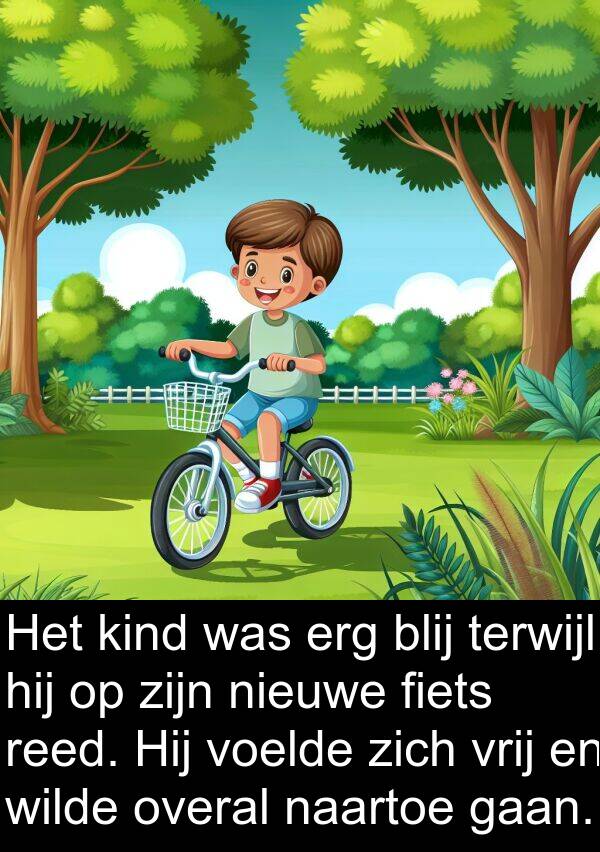 gaan: Het kind was erg blij terwijl hij op zijn nieuwe fiets reed. Hij voelde zich vrij en wilde overal naartoe gaan.