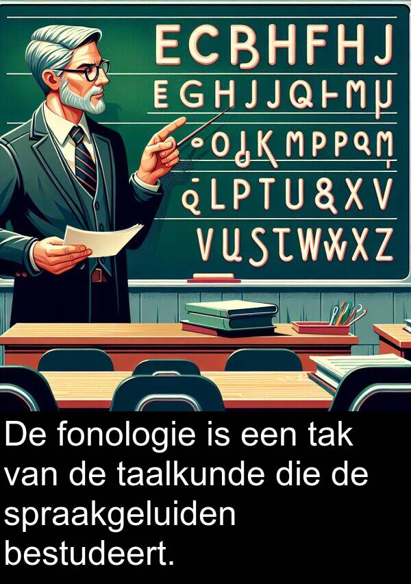 tak: De fonologie is een tak van de taalkunde die de spraakgeluiden bestudeert.