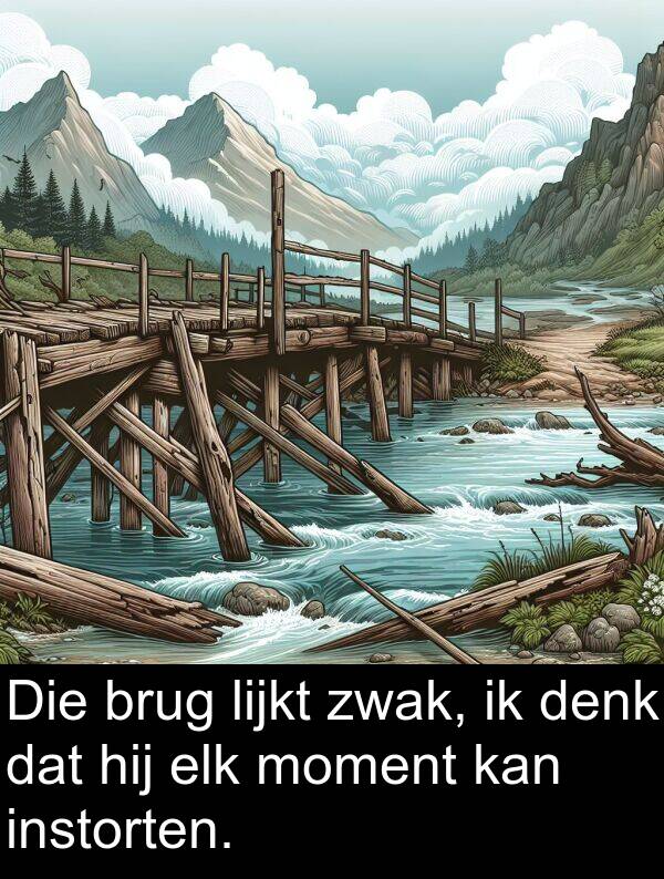 elk: Die brug lijkt zwak, ik denk dat hij elk moment kan instorten.