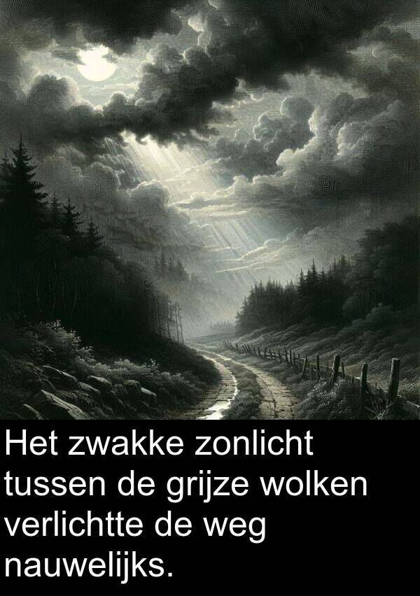 weg: Het zwakke zonlicht tussen de grijze wolken verlichtte de weg nauwelijks.