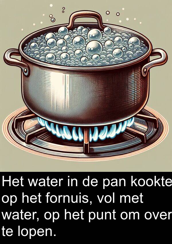 pan: Het water in de pan kookte op het fornuis, vol met water, op het punt om over te lopen.