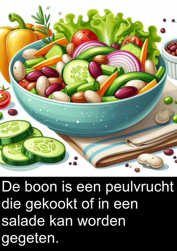 gegeten: De boon is een peulvrucht die gekookt of in een salade kan worden gegeten.