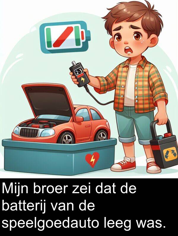 zei: Mijn broer zei dat de batterij van de speelgoedauto leeg was.