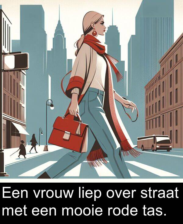 tas: Een vrouw liep over straat met een mooie rode tas.