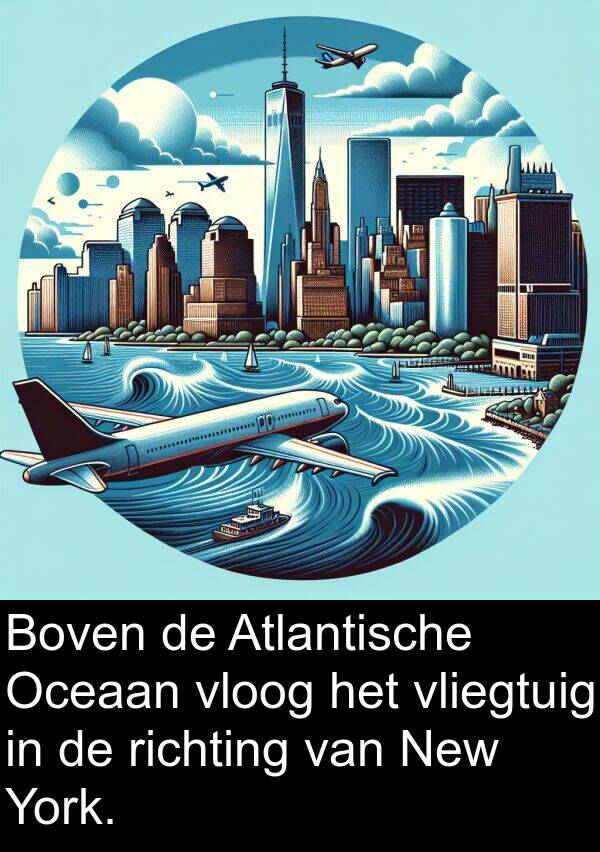 richting: Boven de Atlantische Oceaan vloog het vliegtuig in de richting van New York.