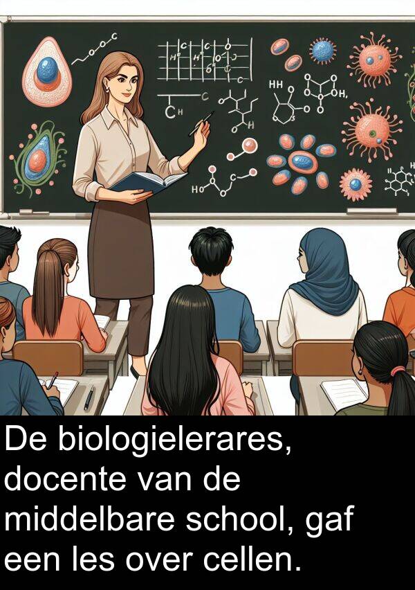 les: De biologielerares, docente van de middelbare school, gaf een les over cellen.