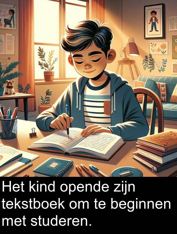 kind: Het kind opende zijn tekstboek om te beginnen met studeren.