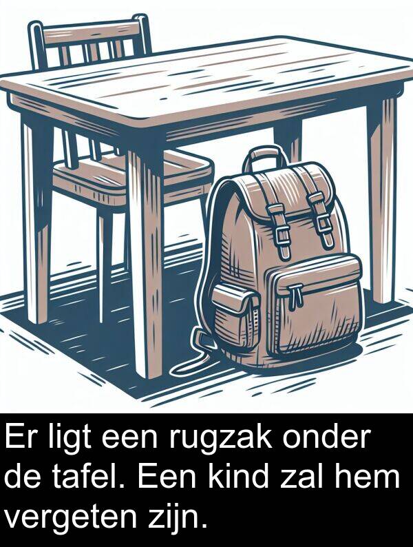 onder: Er ligt een rugzak onder de tafel. Een kind zal hem vergeten zijn.