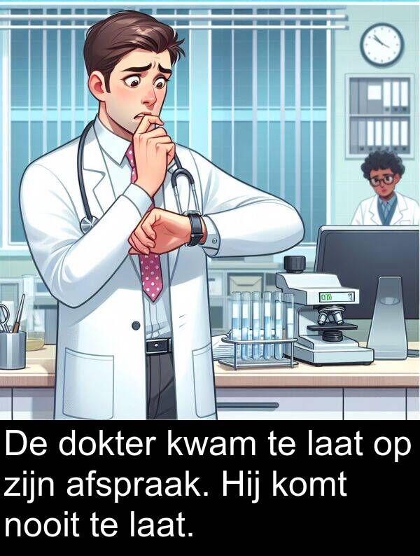 nooit: De dokter kwam te laat op zijn afspraak. Hij komt nooit te laat.