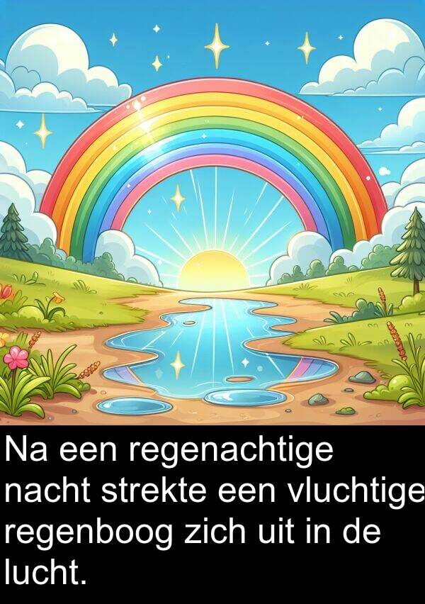 nacht: Na een regenachtige nacht strekte een vluchtige regenboog zich uit in de lucht.