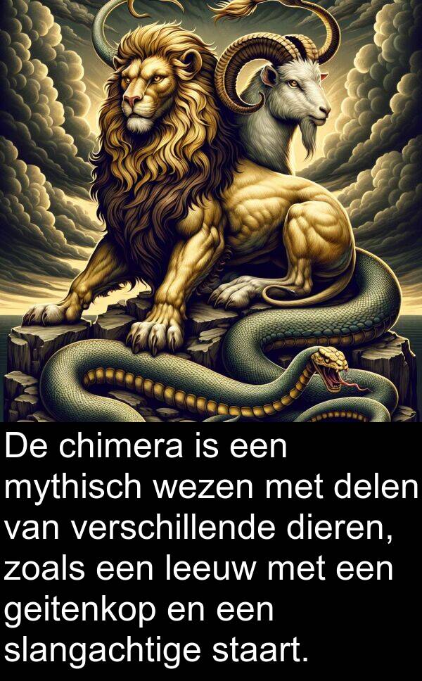 leeuw: De chimera is een mythisch wezen met delen van verschillende dieren, zoals een leeuw met een geitenkop en een slangachtige staart.