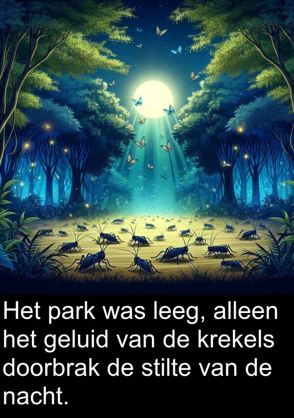 park: Het park was leeg, alleen het geluid van de krekels doorbrak de stilte van de nacht.