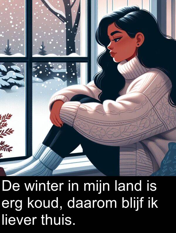 daarom: De winter in mijn land is erg koud, daarom blijf ik liever thuis.