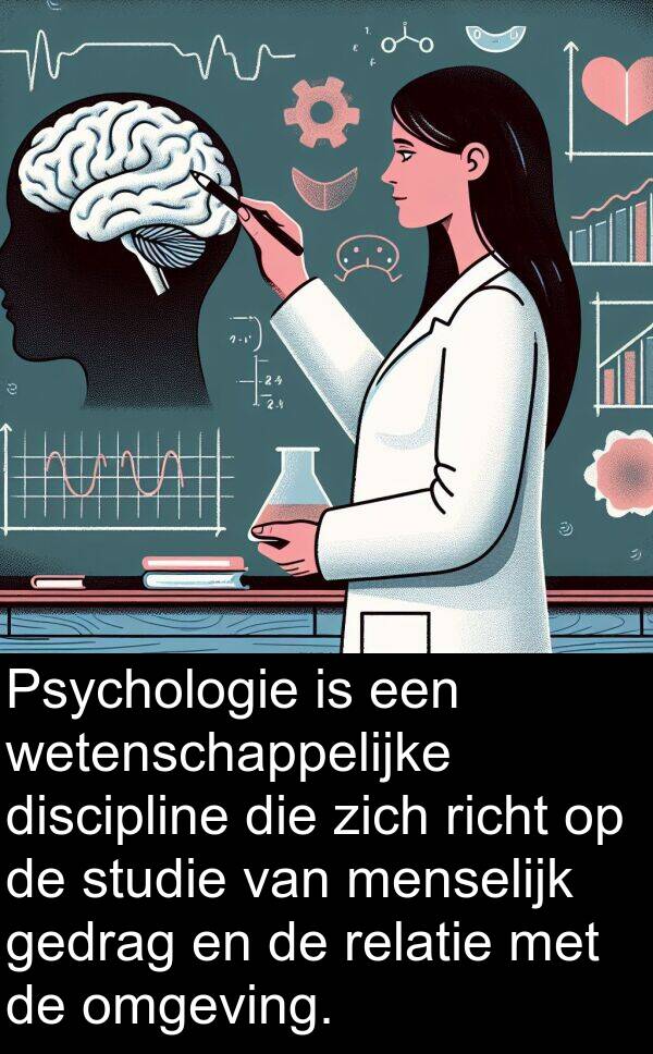 gedrag: Psychologie is een wetenschappelijke discipline die zich richt op de studie van menselijk gedrag en de relatie met de omgeving.