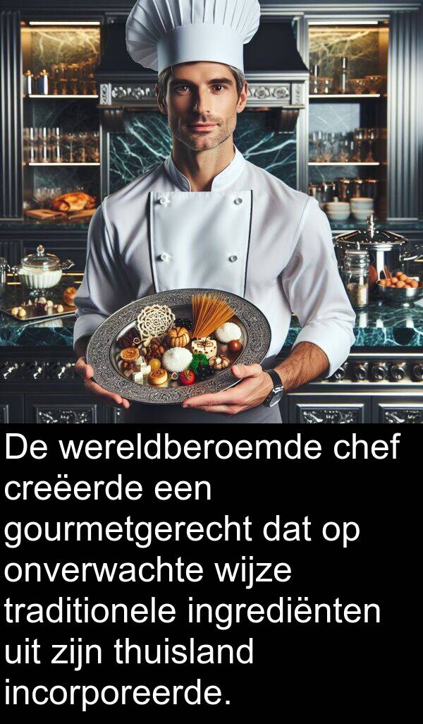 chef: De wereldberoemde chef creëerde een gourmetgerecht dat op onverwachte wijze traditionele ingrediënten uit zijn thuisland incorporeerde.