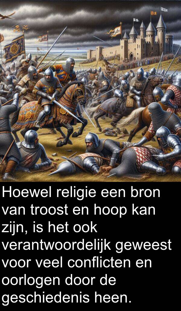 heen: Hoewel religie een bron van troost en hoop kan zijn, is het ook verantwoordelijk geweest voor veel conflicten en oorlogen door de geschiedenis heen.