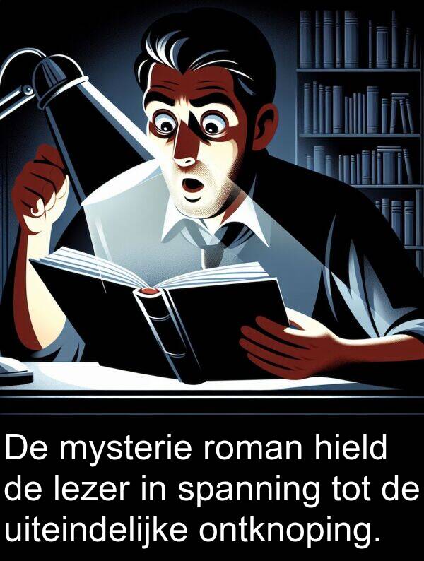 lezer: De mysterie roman hield de lezer in spanning tot de uiteindelijke ontknoping.