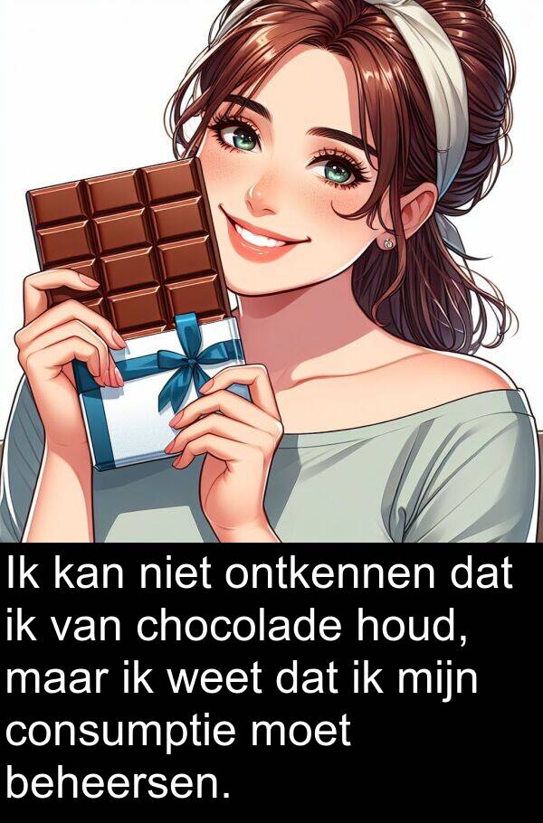 weet: Ik kan niet ontkennen dat ik van chocolade houd, maar ik weet dat ik mijn consumptie moet beheersen.