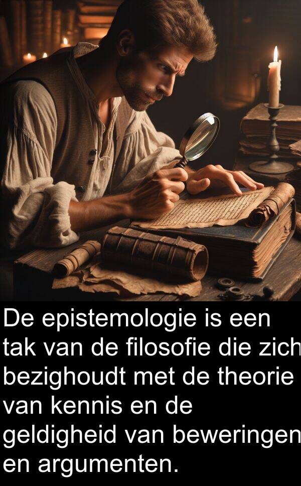 filosofie: De epistemologie is een tak van de filosofie die zich bezighoudt met de theorie van kennis en de geldigheid van beweringen en argumenten.