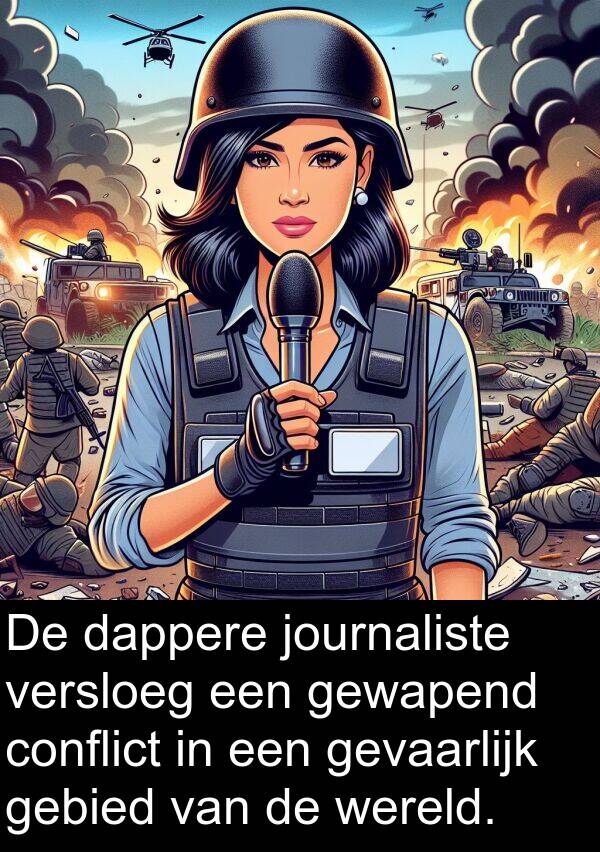 dappere: De dappere journaliste versloeg een gewapend conflict in een gevaarlijk gebied van de wereld.