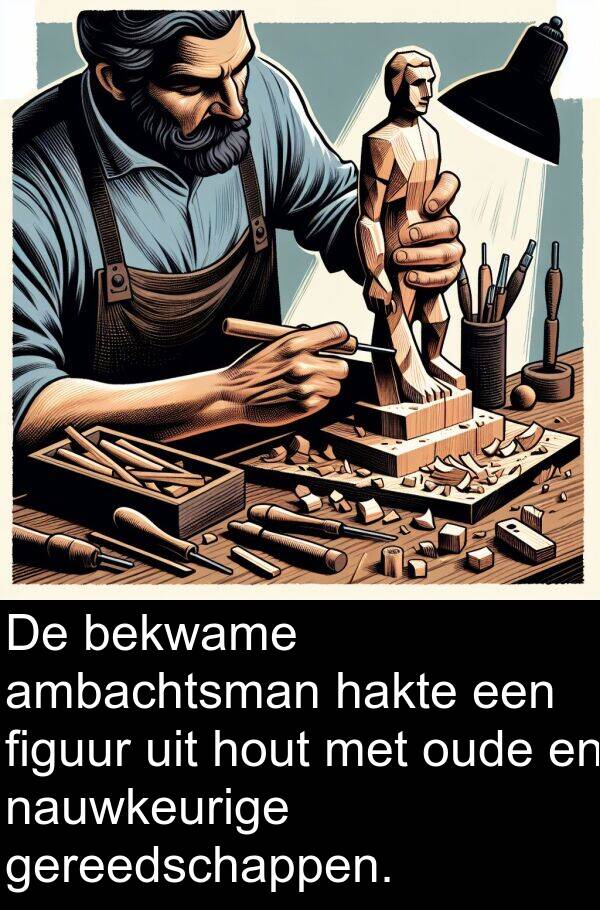 ambachtsman: De bekwame ambachtsman hakte een figuur uit hout met oude en nauwkeurige gereedschappen.