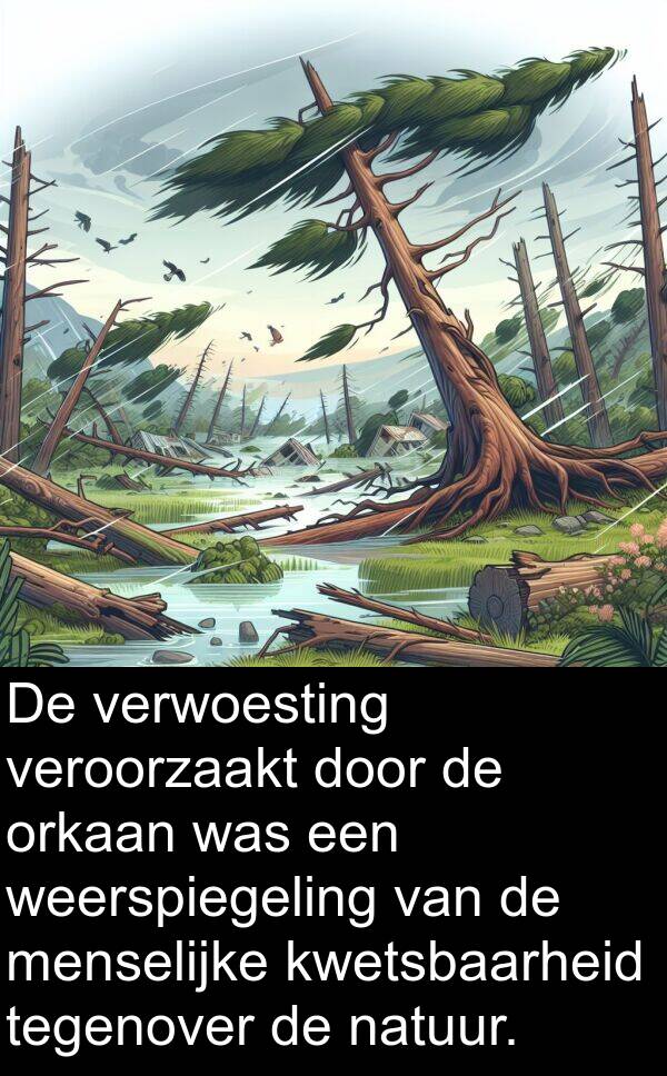 weerspiegeling: De verwoesting veroorzaakt door de orkaan was een weerspiegeling van de menselijke kwetsbaarheid tegenover de natuur.