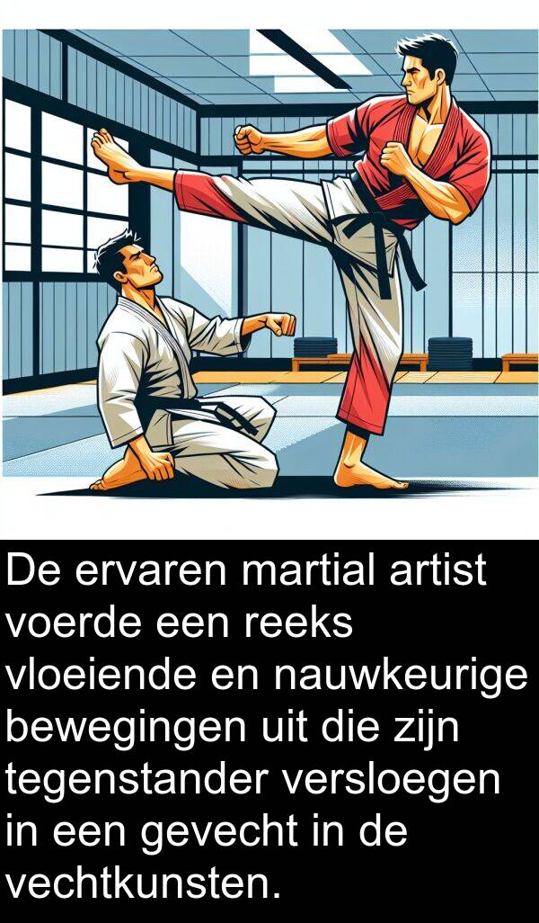 nauwkeurige: De ervaren martial artist voerde een reeks vloeiende en nauwkeurige bewegingen uit die zijn tegenstander versloegen in een gevecht in de vechtkunsten.