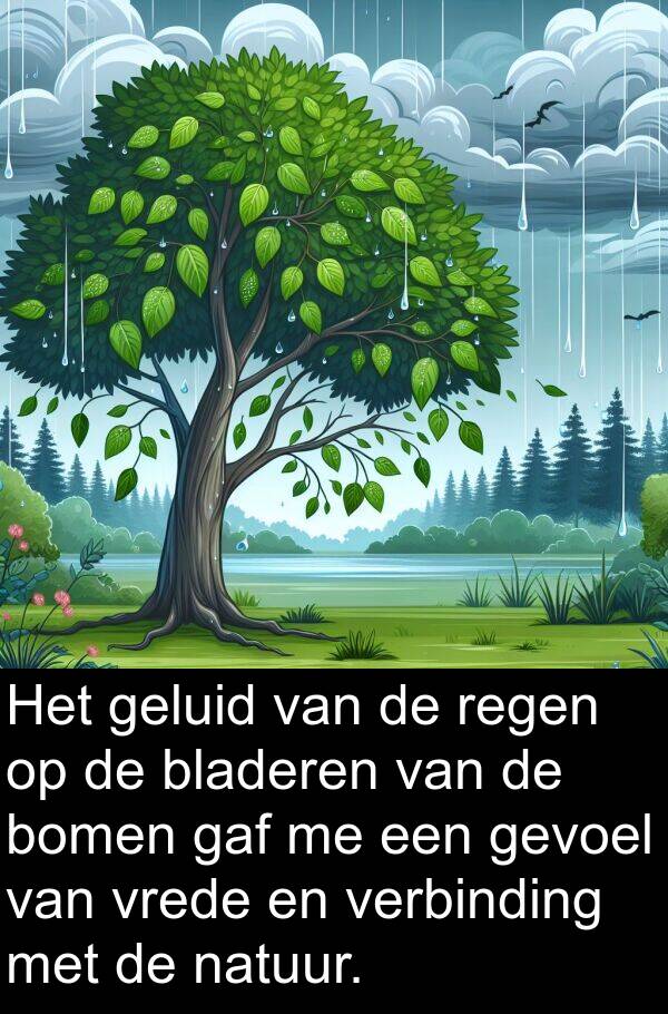 gaf: Het geluid van de regen op de bladeren van de bomen gaf me een gevoel van vrede en verbinding met de natuur.