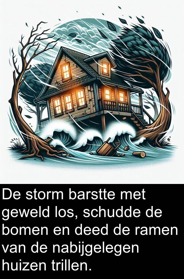 nabijgelegen: De storm barstte met geweld los, schudde de bomen en deed de ramen van de nabijgelegen huizen trillen.