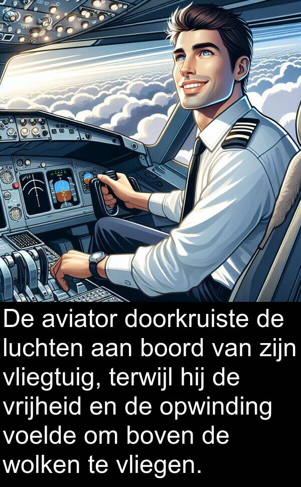 vliegtuig: De aviator doorkruiste de luchten aan boord van zijn vliegtuig, terwijl hij de vrijheid en de opwinding voelde om boven de wolken te vliegen.