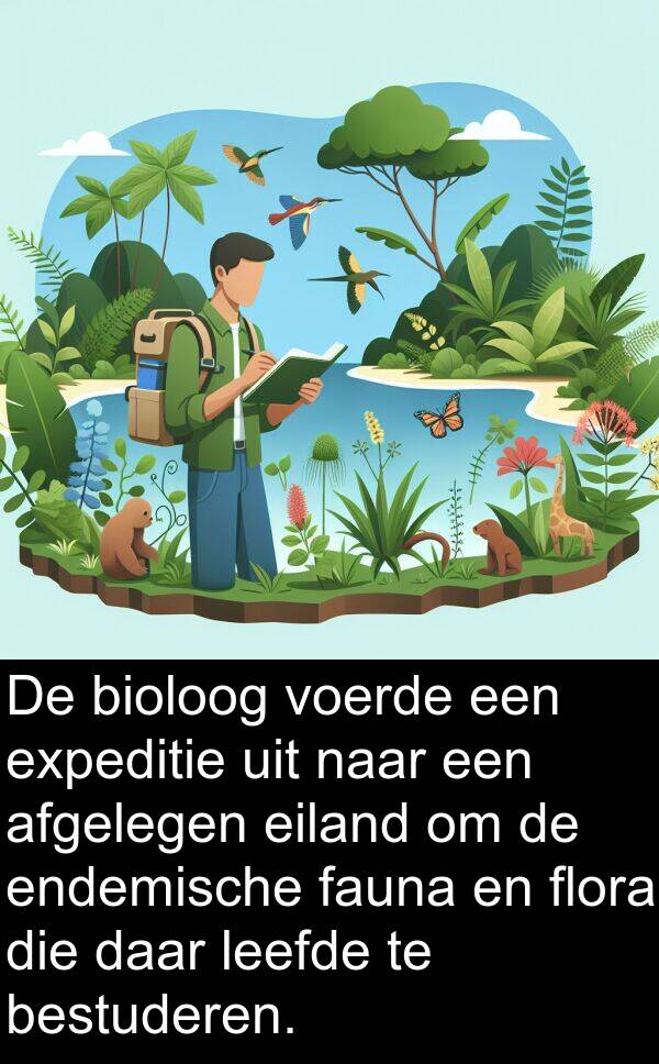 flora: De bioloog voerde een expeditie uit naar een afgelegen eiland om de endemische fauna en flora die daar leefde te bestuderen.