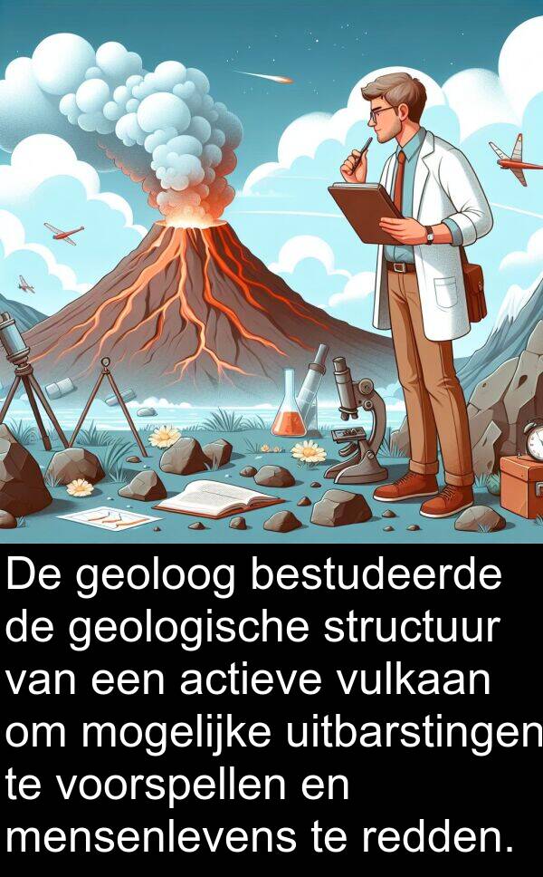 uitbarstingen: De geoloog bestudeerde de geologische structuur van een actieve vulkaan om mogelijke uitbarstingen te voorspellen en mensenlevens te redden.