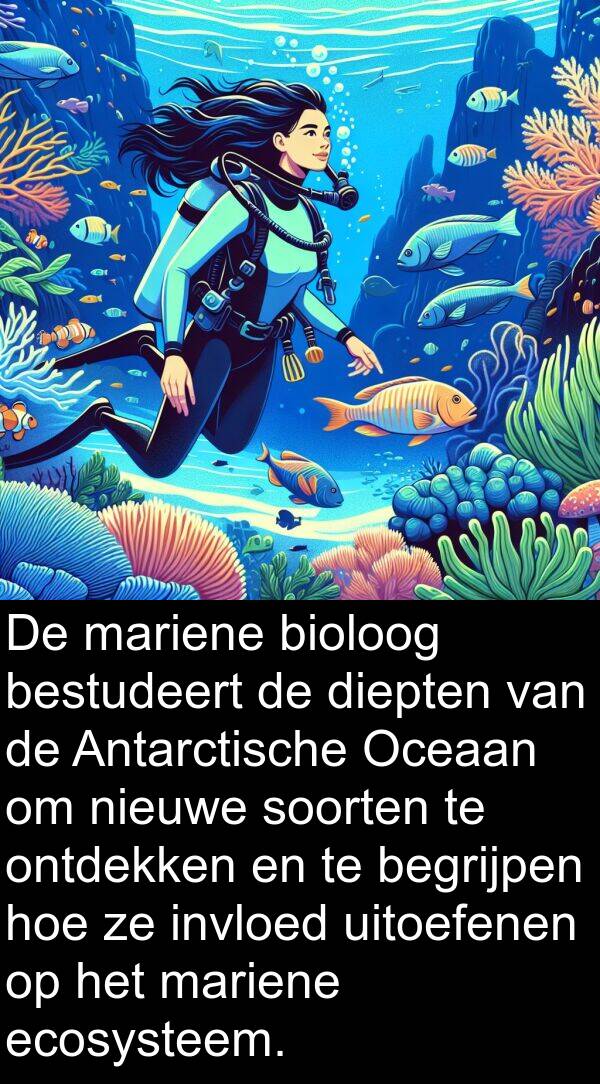 ecosysteem: De mariene bioloog bestudeert de diepten van de Antarctische Oceaan om nieuwe soorten te ontdekken en te begrijpen hoe ze invloed uitoefenen op het mariene ecosysteem.