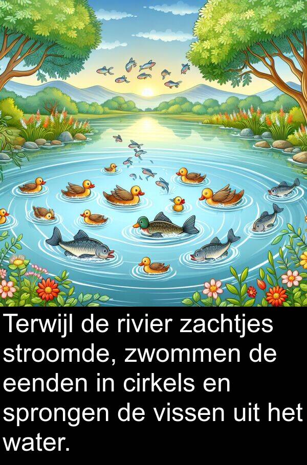 zachtjes: Terwijl de rivier zachtjes stroomde, zwommen de eenden in cirkels en sprongen de vissen uit het water.